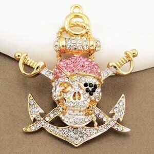 Goldtoned Pink Crystal Pirate Skull Hot Pink Bandana & Sword design Brooch Pin